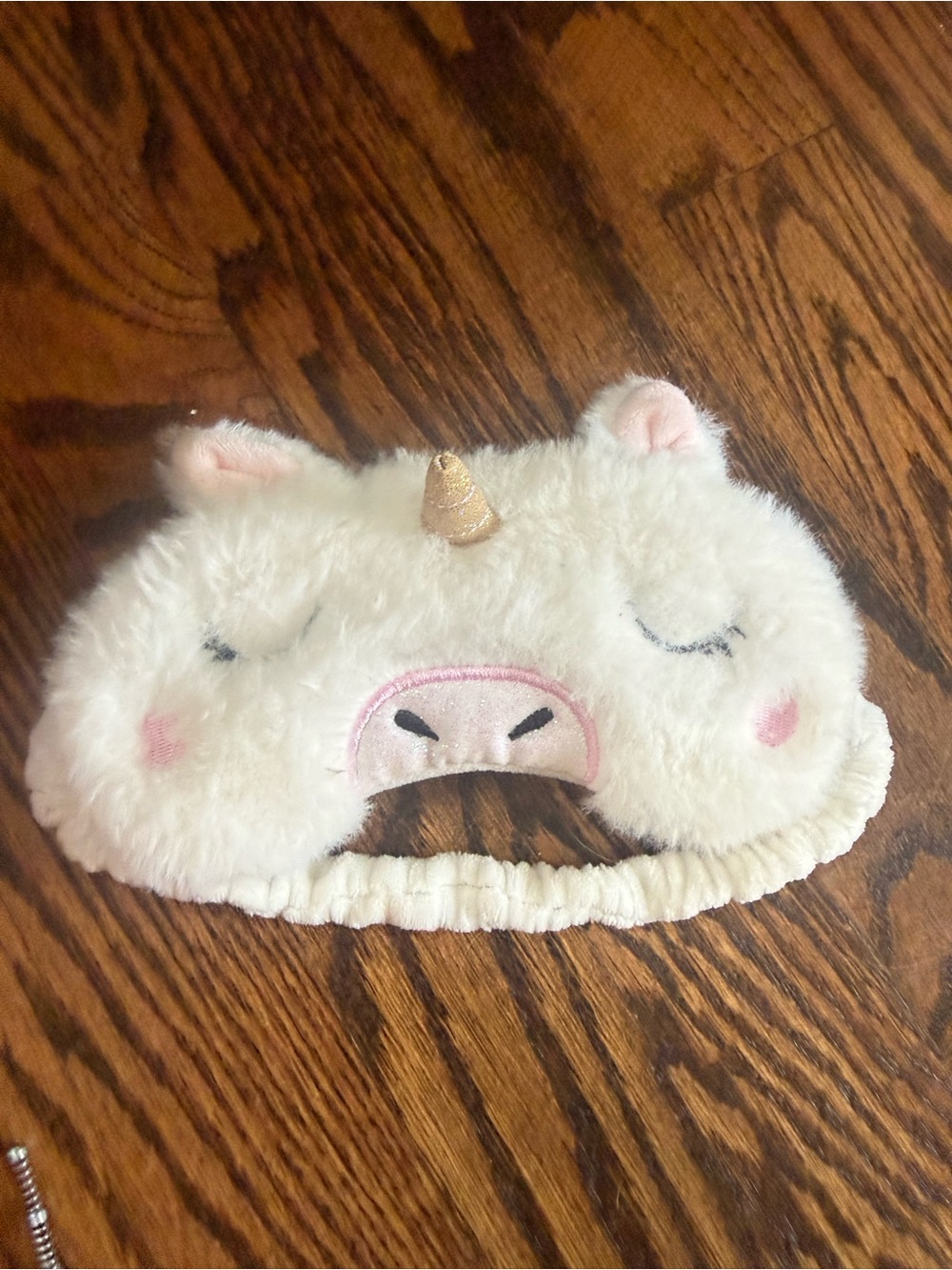FAO Schwarz White Plush Unicorn Kids Sleep Mask with Gold Horn and Pink Accents